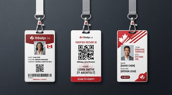 Three IDBadge.ca branded employee ID cards with photos, QR codes and lanyards