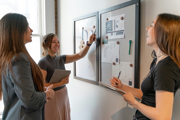 A team gathered around a whiteboard during a planning session